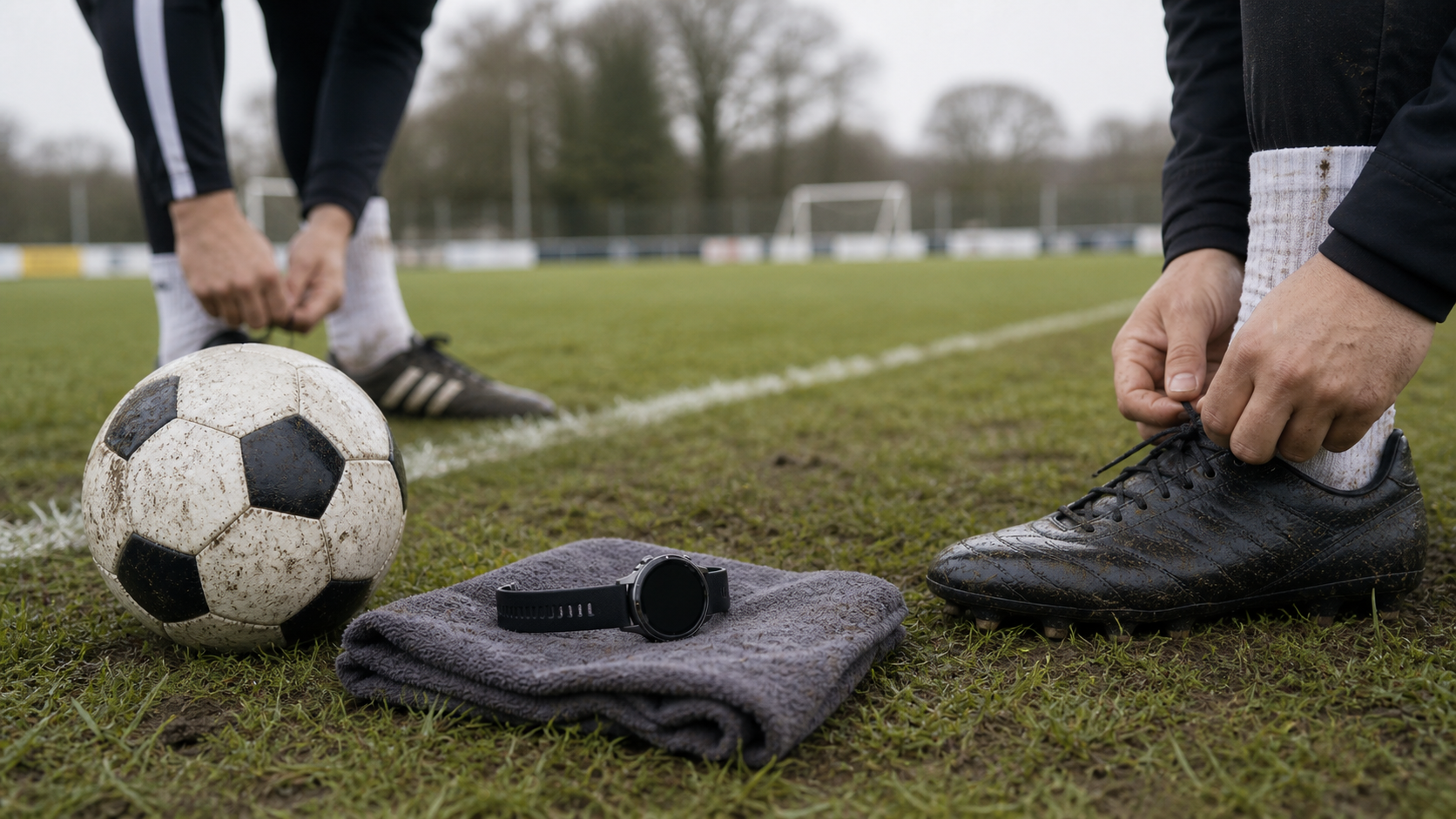 Football players tying boots on a grassroots pitch beside a football and smartwatch