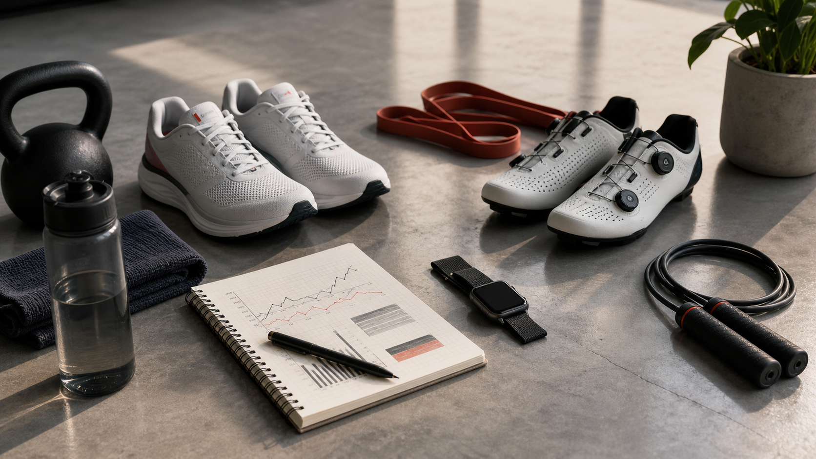 Training shoes, cycling shoes, a kettlebell, a notebook, and a screen-off smartwatch arranged in a modern workout space
