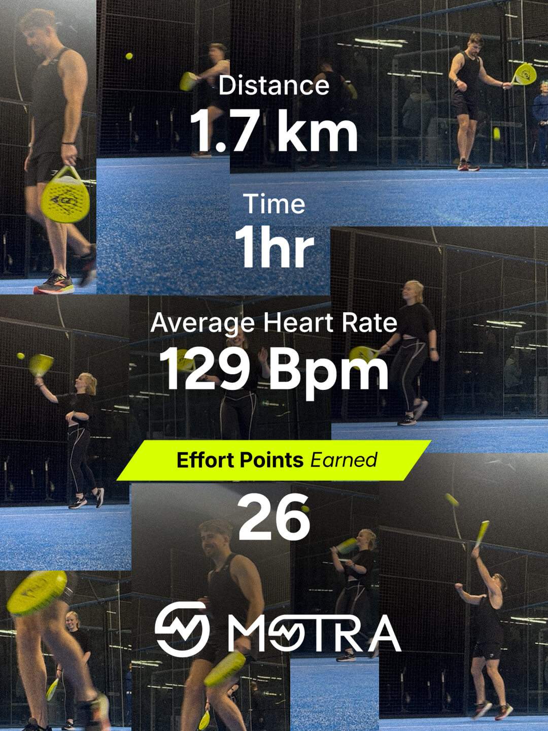Workout summary graphic showing average heart rate and Effort Points earned during padel