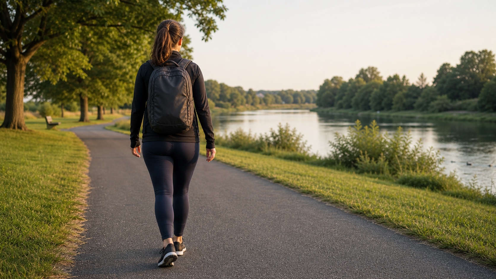 Person walking on a riverside path while carrying a loaded backpack