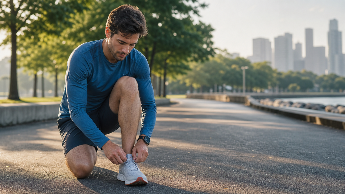 Runner pausing on a park path to adjust their shoe during a morning training run