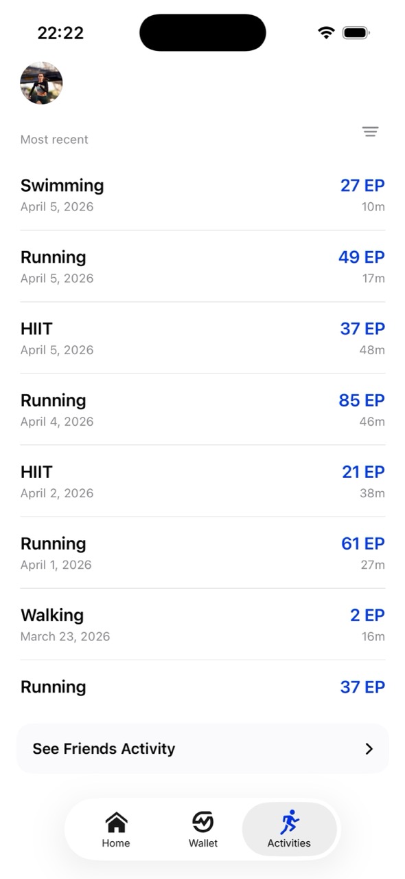 MOTRA activities screen with logged workouts