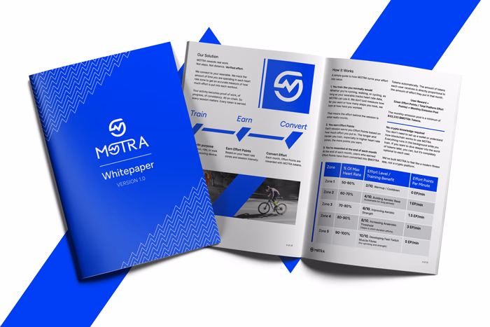 Printed MOTRA whitepaper pages and cover laid out on a blue surface