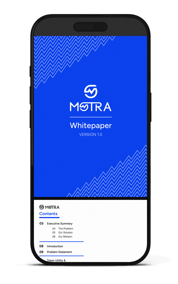 Phone showing the MOTRA whitepaper cover and contents page